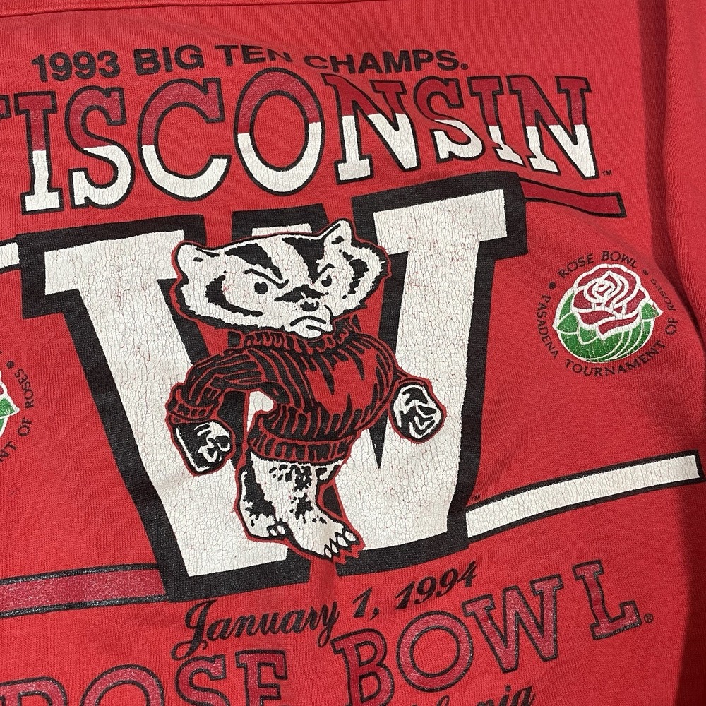 Vtg 90s Wisconsin Badgers Crewneck Sweatshirt‎ Mens L Rose Bowl Champs Red Bucky - Picture 3 of 8